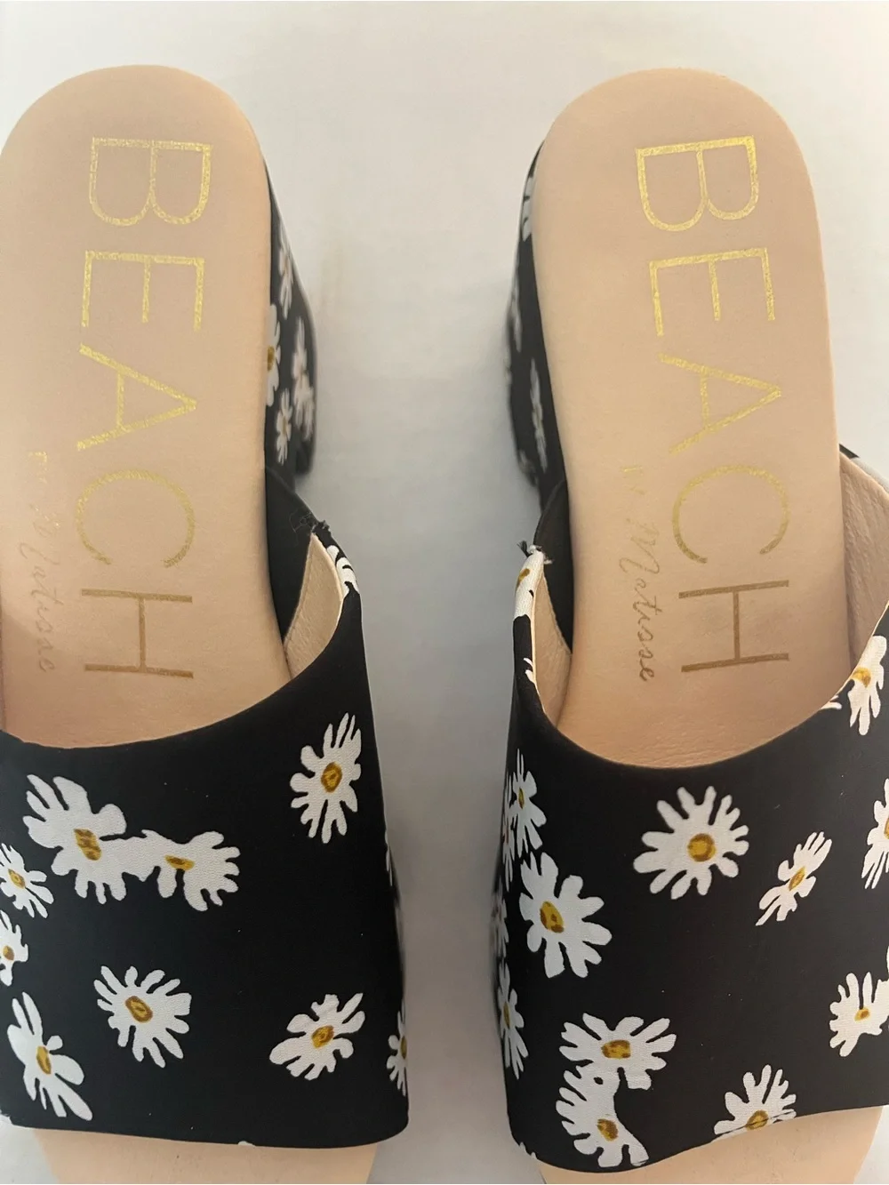 Black Daisy Platform Slide Wedges with Cream Footbed